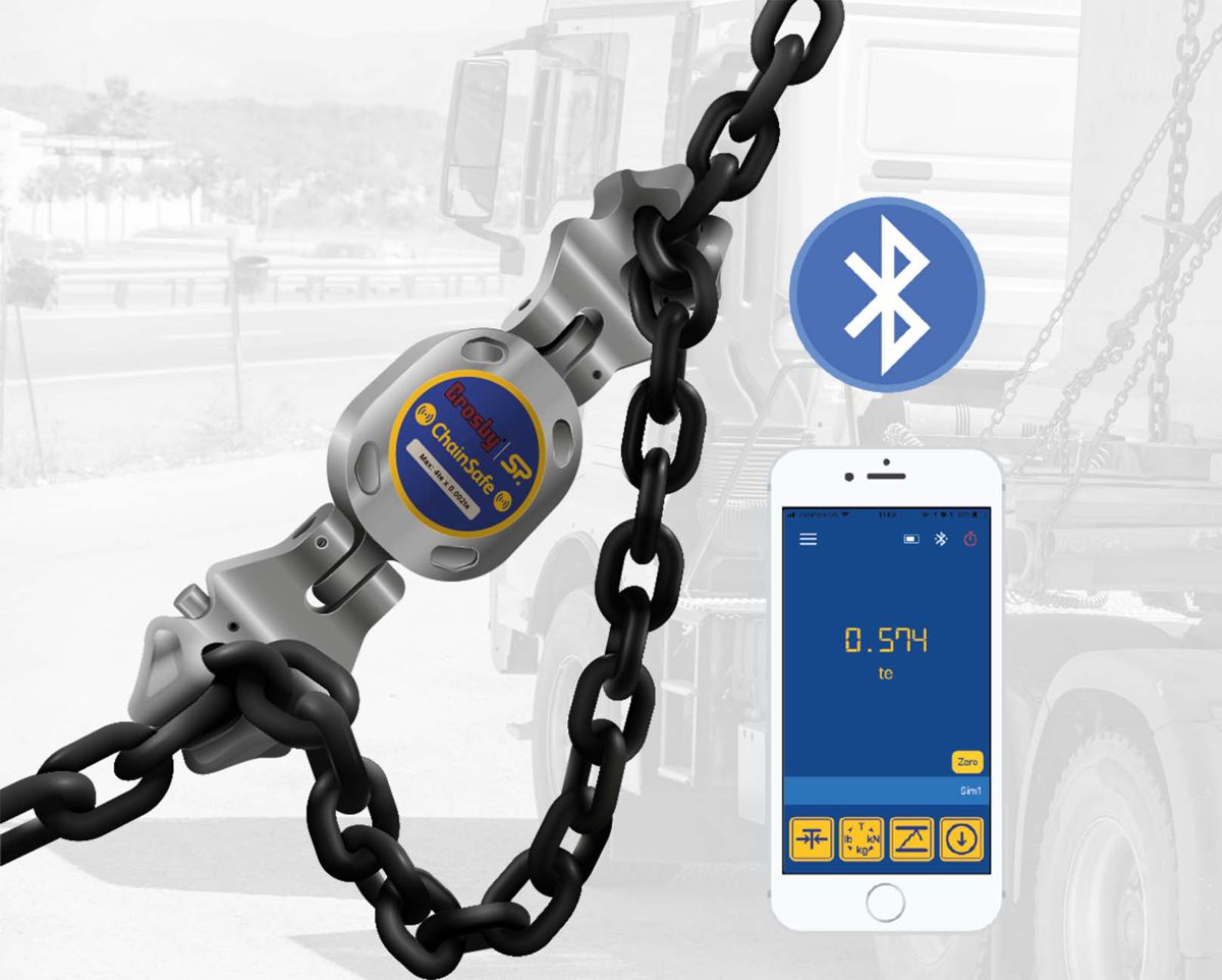 Crosby Straightpoint’s ChainSafe is a new Bluetooth wireless tension load cell for measuring forces in lifting and lashing applications, pictured with Crosby chain shorteners.