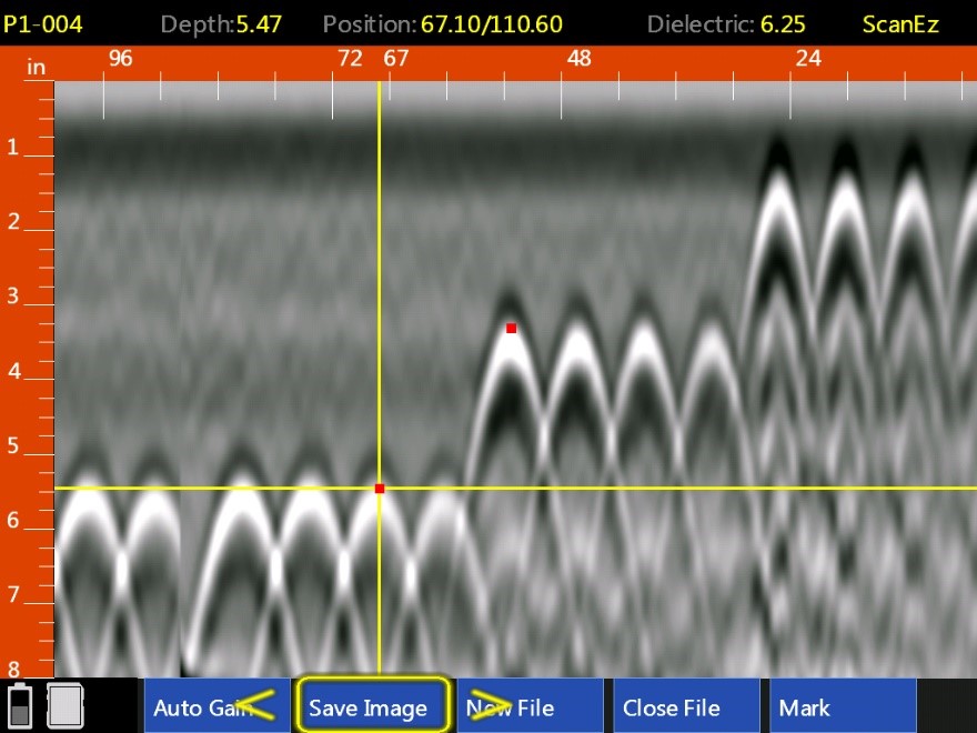 image from a 2.7 GHz frequency antenna showing a series of hyperbolas. These hyperbolas correspond to pieces of rebar located at different depths ranging from 1 to 5 inches.