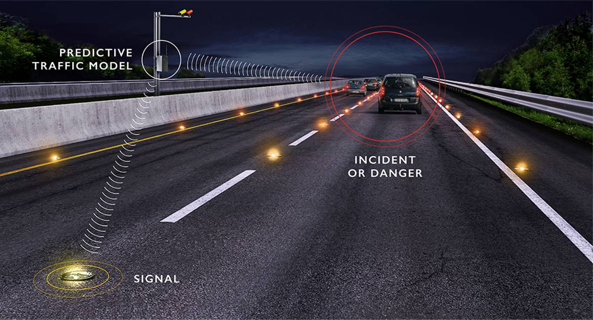 A roadside control box builds a predictive traffic model based on vehicle movements to identify dangers and light the studs accordingly.