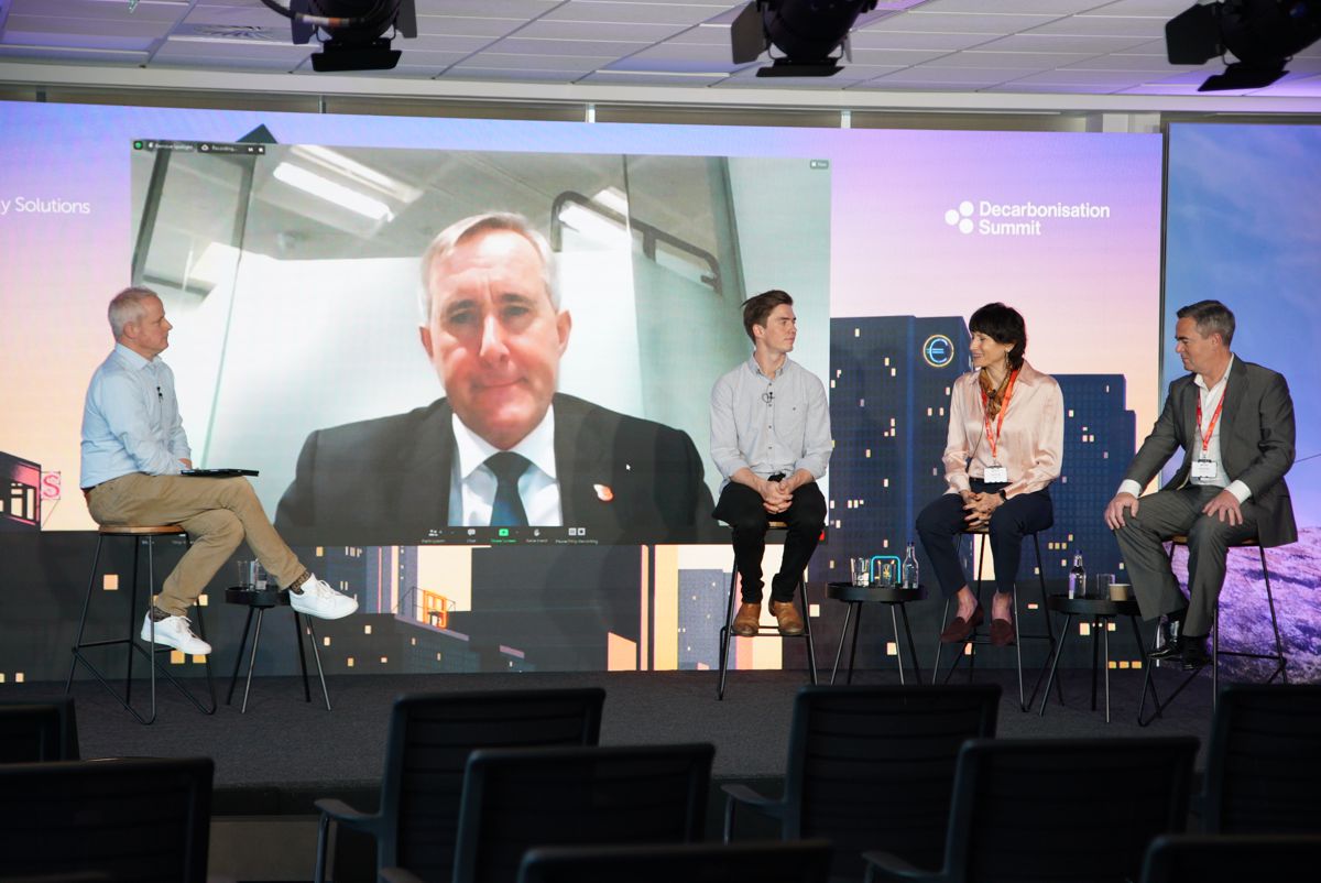 Finance and Investment Panel featuring from left to right, Ade Thomas - Green.TV Media, Robert Wigley - UK Finance (on screen), Will Smith - Tred, Alice Bordini Staden - National Trust and Mark Hannigan - Greenbackers Investment Capital.