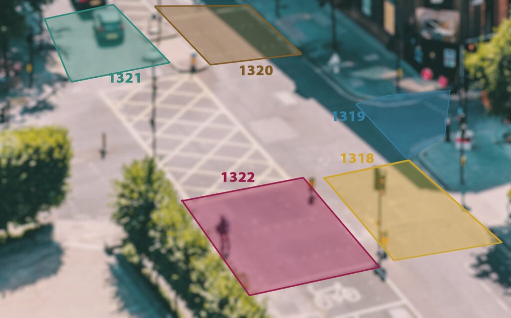 Turning counts detects when road users cross into or through a target area, and can distinguish between transport classes. Some images created for marketing purposes.