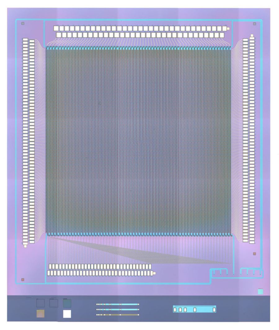Image by Kyungmok Kwon, UC Berkeley Microscopic image showing the fabricated FPSA chip, including grating antennas with column-selection switches.