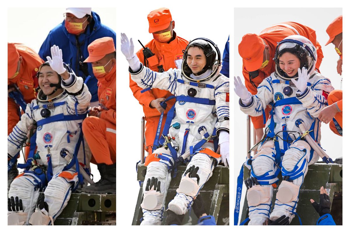 In this combo photo, astronauts Zhai Zhigang, Wang Yaping and Ye Guangfu (from L to R) are out of the return capsule of the Shenzhou-13 spaceship at the Dongfeng landing site in North China's Inner Mongolia autonomous region on April 16, 2022. [Photo/Xinhua]