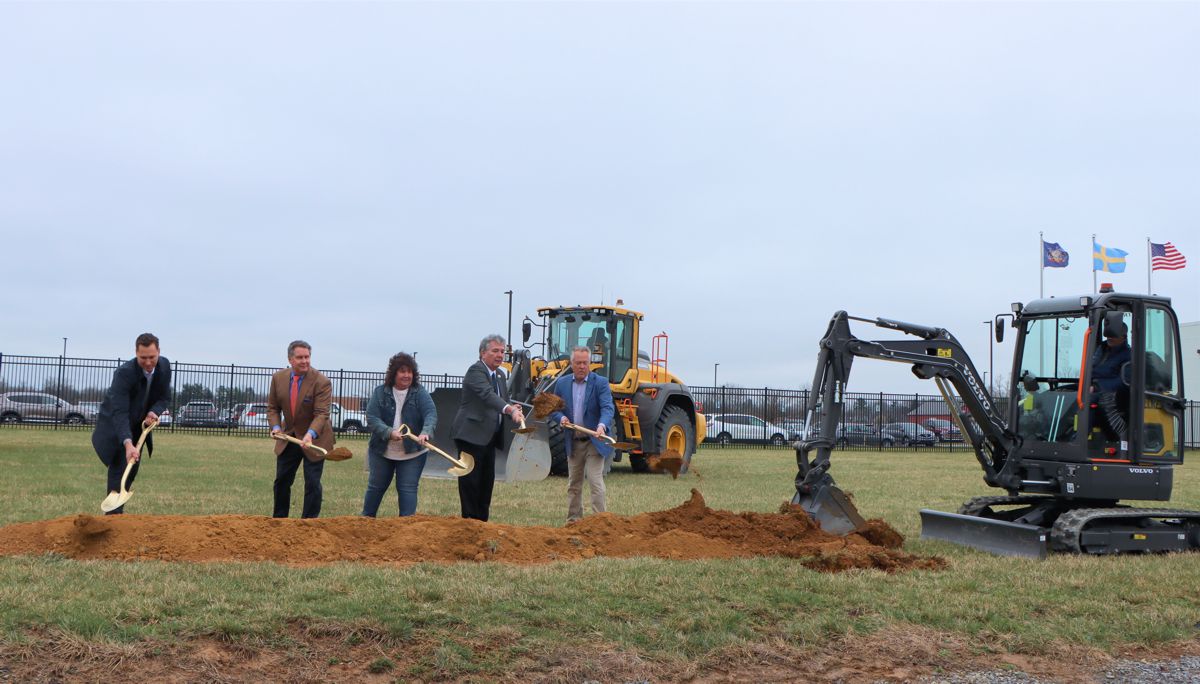 Local dignitaries and Volvo Construction Equipment leaders break ground at the new training center. (L to R): Scott Young, Head of Uptime, Volvo CE; Terry Miller, Assistant Director, Franklin County Career Tech; Kathy Coy, Mayor of Shippensburg; Mike Ross, President, Franklin County Economic Development Corporation, Stephen Roy, President of Region North America, Volvo CE