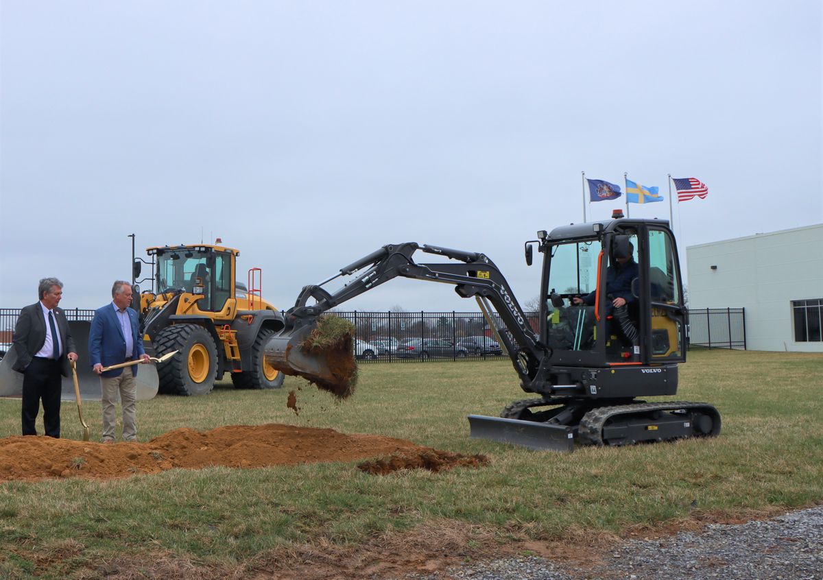 A Volvo ECR25 Electric compact excavator breaks ground on the new Volvo CE technician training center in Shippensburg, Pennsylvania. The facility will offer training on electric machine maintenance, among many other topics.