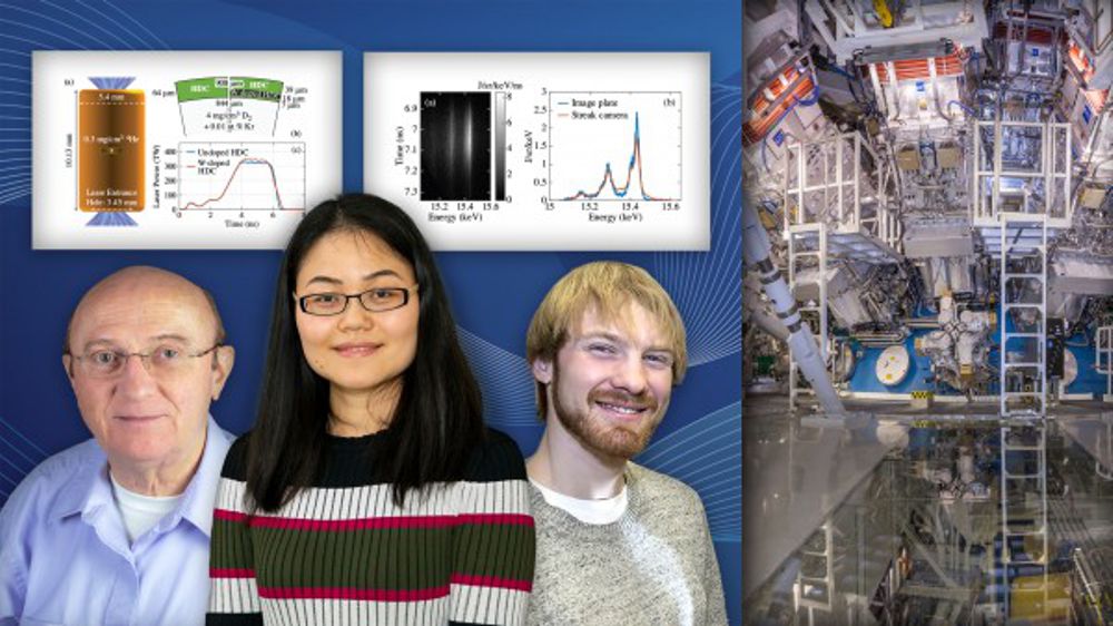 Collage courtesy of Kiran Sudarsanan / PPPL Office of Communications From left: PPPL physicists Ken Hill, Lan Gao, and Brian Kraus; image of the National Ignition Facility