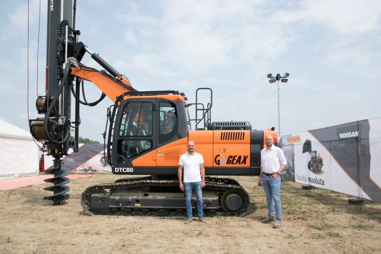 from left, Alessandro Baldazzi, Geax Sales Manager; Christian Randi, Doosan Infracore After Market Manager for Southern Europe