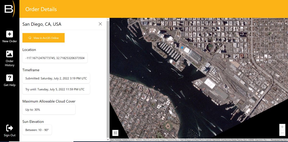 Interface displays image of downtown San Diego, location of this week’s Esri User Conference 2022