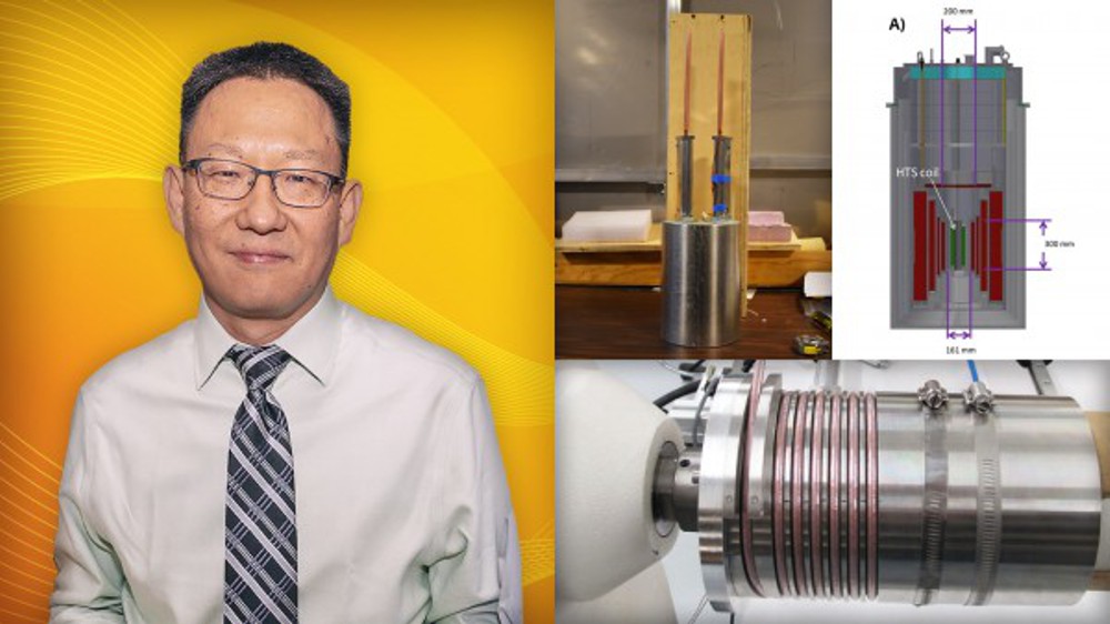 Collage by Kiran Sudarsanan / PPPL Office of Communications PPPL principal engineer Yuhu Zhai with images of a high-temperature superconducting magnet, which could improve the performance of spherical tokamak fusiokn devices.