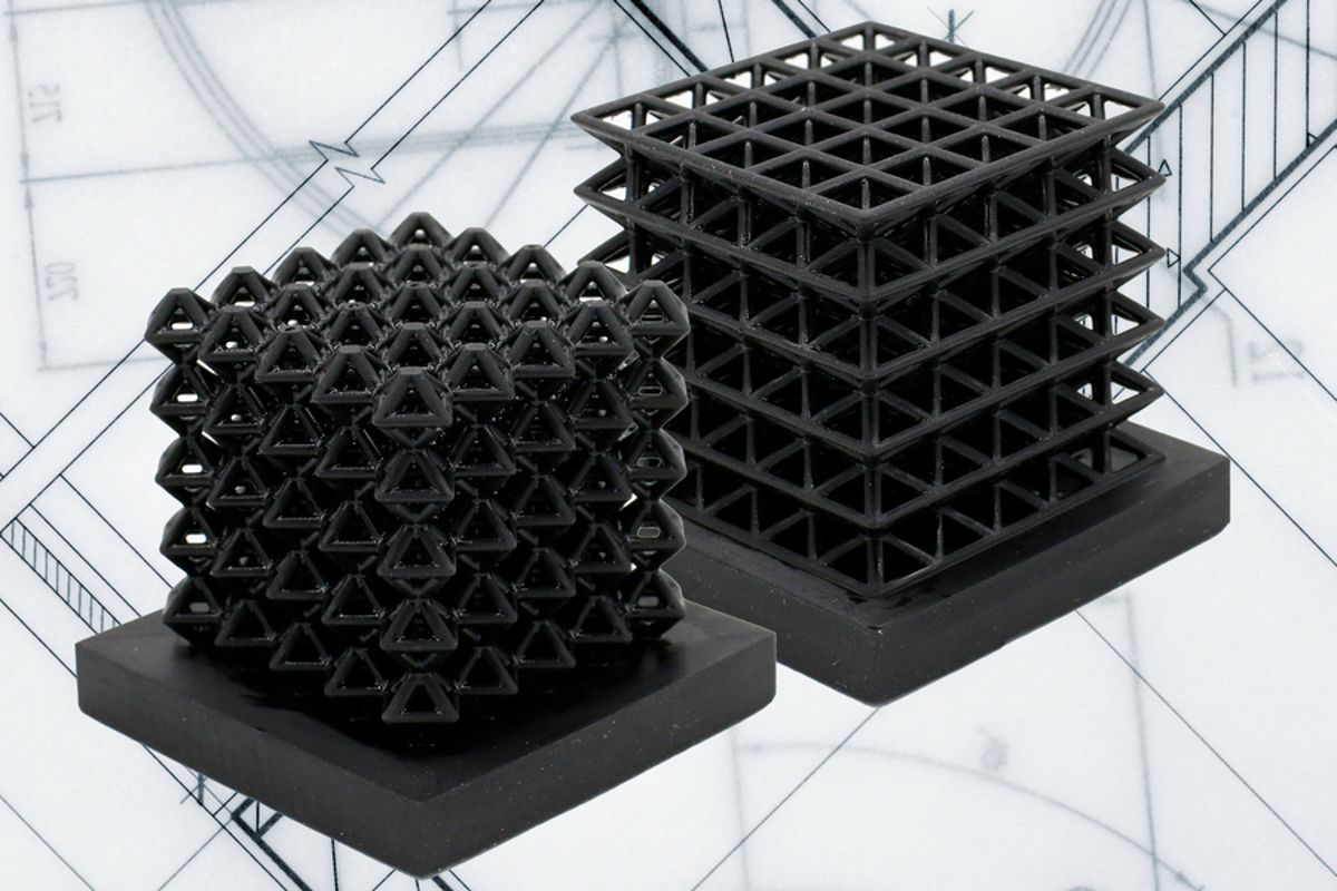 This image shows 3D-printed crystalline lattice structures with air-filled channels, known as "fluidic sensors," embedded into the structures (the indents on the middle of lattices are the outlet holes of the sensors.) These air channels let the researchers measure how much force the lattices experience when they are compressed or flattened. Credits:Image: Courtesy of the researchers