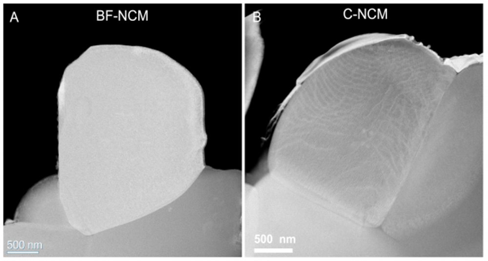 (Image by Argonne National Laboratory.) Image shows single crystals of cathode material: (A) no internal boundaries and (B) internal boundaries visible.