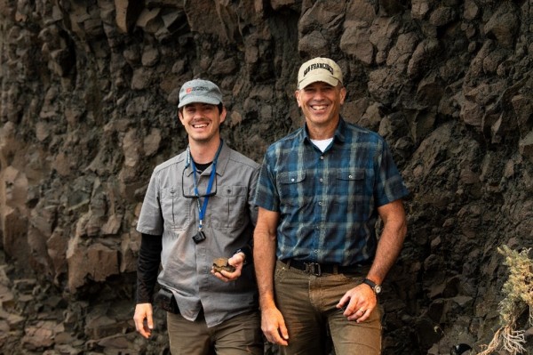 Credit: Photo by Andrea Starr | Pacific Northwest National Laboratory Co-authors Quin Miller (left) and Todd Schaef in the field at the Wallula Basalt project site.