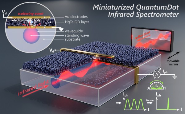 Credit: Lars Lüder, Empa This is how the IR spectrometer works: The photodetector, fabricated on top of a surface optical waveguide, consists of a bottom gold electrode at the bottom functioning as a scattering center, a photoactive layer (consisting of colloidal mercury telluride – HgTe – quantum dots), and a top gold electrode. By moving the mirror, the measured photocurrent maps the light intensity of the standing wave. i.e. the IR light. A Fourier transformation of the measured signal gives the optical spectra.