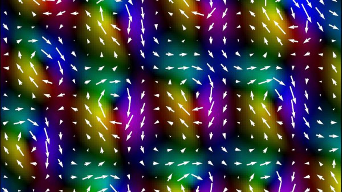 Credit: (Image by Argonne National Laboratory.) Magnetic fields created by skyrmions in two-dimensional sheet of material composed of iron, germanium and tellurium.