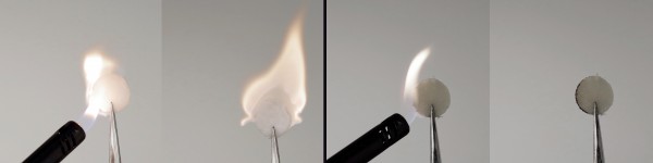 Credit: Jian-Cheng Lai/Stanford UniversityStandard battery materials (left) catch fire when exposed to flame, but a new material designed by SLAC and Stanford researchers (right) does not.