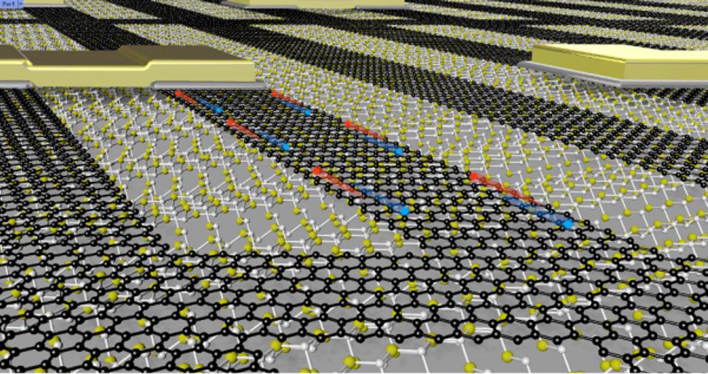Credit: Georgia Institute of TechnologyIllustration of graphene network (black atoms) on top of silicon carbide (yellow and white atoms). The gold pads represent electrostatic gates, and the blue and red balls represent electrons and holes, respectively.