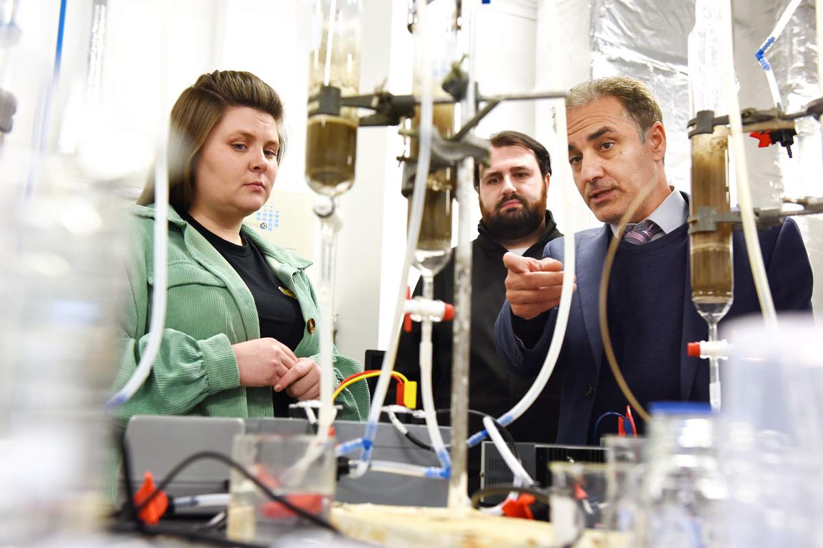 Dr Sina Rezaei Gomari (right) showcasing the facilities at Teesside University to Dr Elizabeth Gilligan and Sam Clark from Material Evolution.