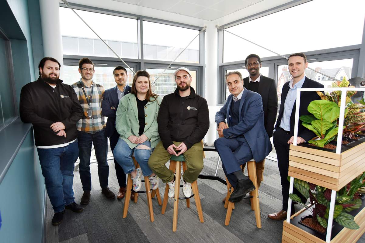 The Mevocrete project team. Seated at front, L-R: Dr Elizabeth Gilligan, Founder and CEO at Material Evolution; Kieran Gilligan, Co-Founder, Material Evolution; Dr Sina Rezaei Gomari , Mevocrete project principal investigator (PI). Standing. L-R: Sam Clark, Co-Founder, Material Evolution; James Bramley, Project Manager, Material Evolution; Dr Kamal Elyasi, Research Associate, Teesside University; Dr Tariq Ahmed, Lecturer in Chemical Engineering and Mevocrete project Co-Investigator; Professor David Hughes, Associate Dean (Research and Innovation) and Mevocrete project Co-Investigator.