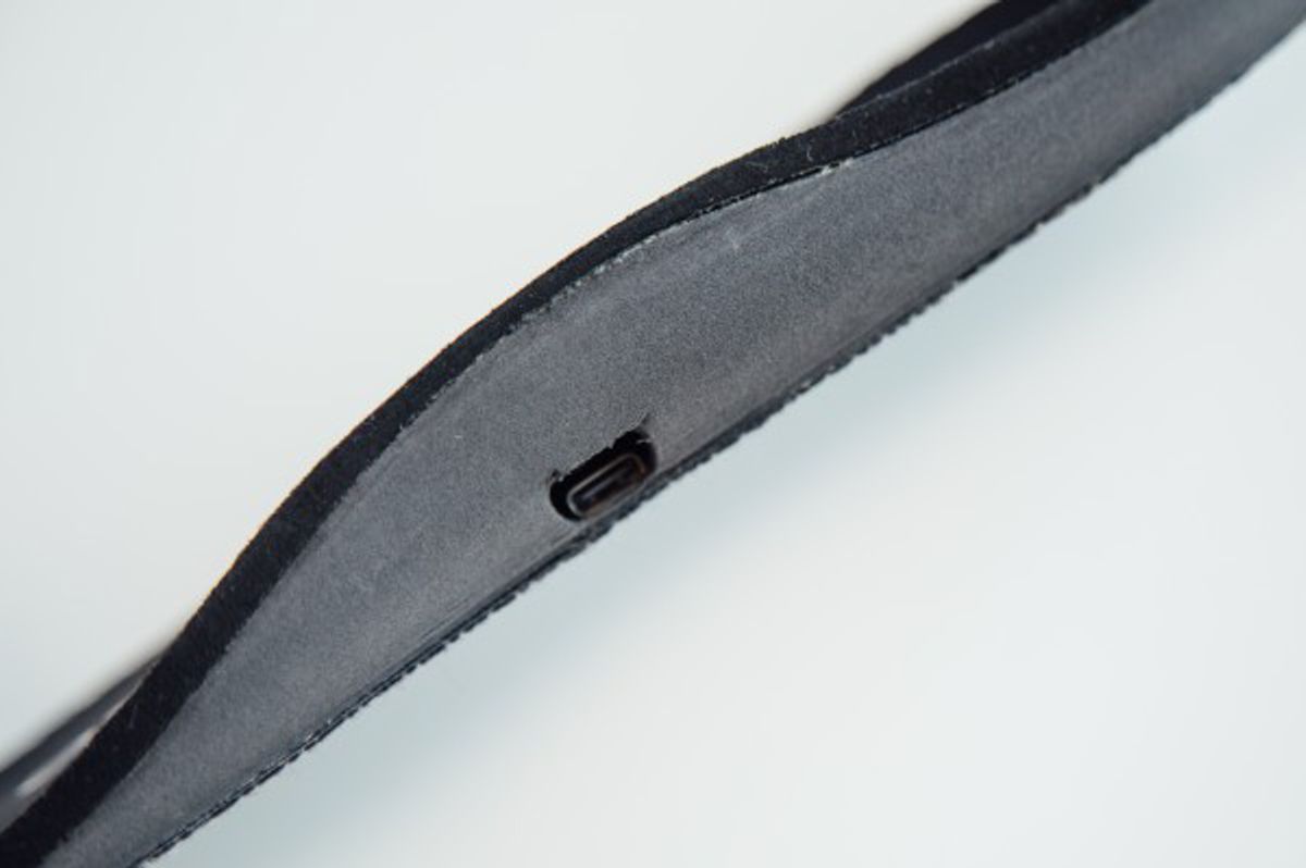 Credit: National University of Singapore A side view of the insole which has a charging port. Within the insole are pressure sensors to track foot pressure and an inertial measurement unit sensor to measure changes in motion.