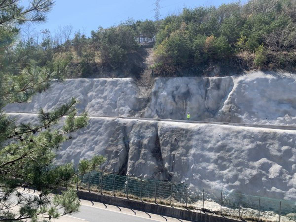 Credit: Korea Institute of Civil Engineering and Building TechnologyFront view of road cut slope site photo(Uljin, Korea) with developed sensor attached.