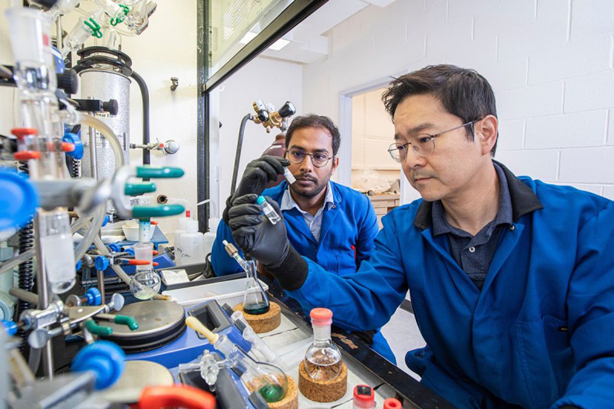 Credit: Photo: Mark Wallheiser/FAMU-FSU College of Engineering From left, postdoctoral researcher Biswajit Saha and FAMU-FSU College of Engineering Associate Professor Hoyong Chung in in the Dittmer Chemistry Lab at Florida State University.