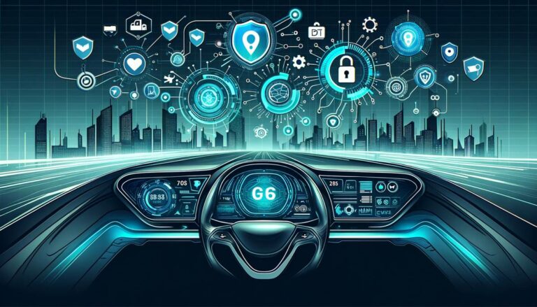 Create an image of a connected car dashboard displaying various data points, with icons representing privacy and security like shields and locks, set against a cityscape background to represent urban technology integration. The image should convey a sense of modern vehicles being at the intersection of data connectivity and privacy concerns. The size should be 1200px by 800px to illustrate an article about the balance between car connectivity and data privacy.