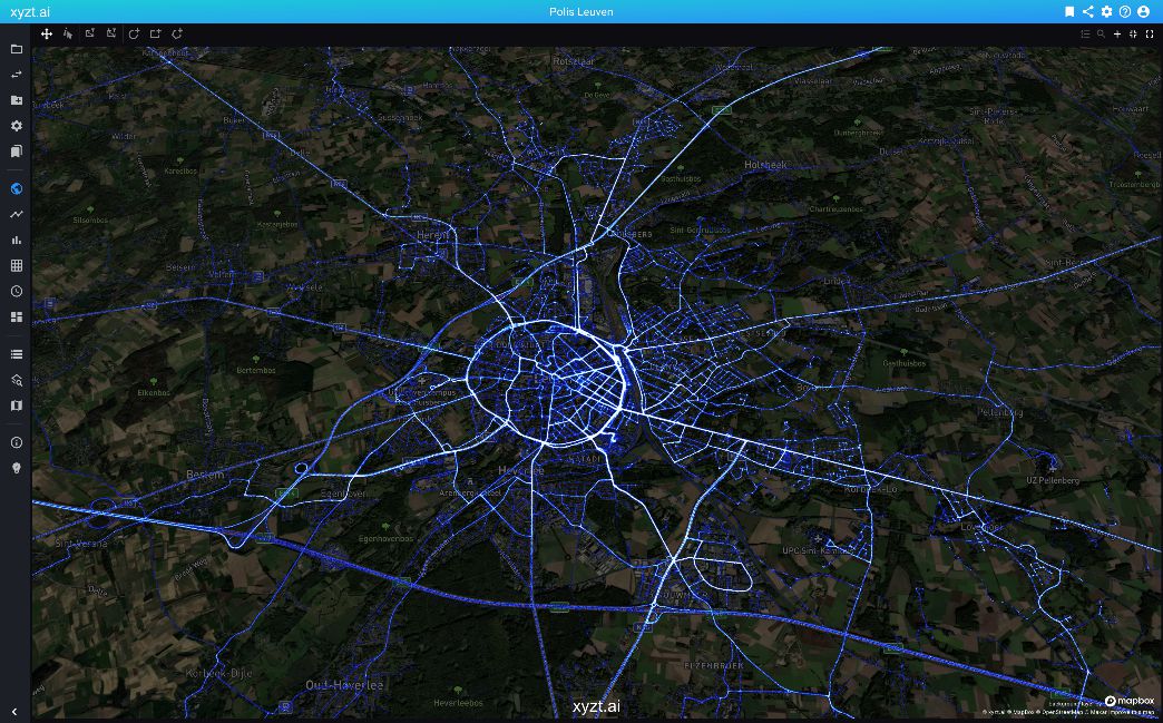 Two months of floating vehicle data from INRIX through the Tiensepoort intersection in Leuven, Belgium, visualized as a heatmap in the xyzt.ai platform