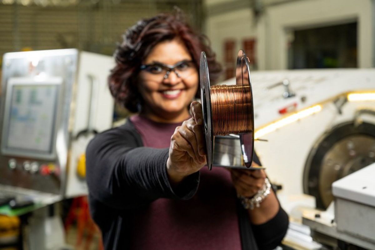 Credit: (Photo by Andrea Starr | Pacific Northwest National Laboratory) Keerti Kappagantula and her colleagues developed highly conductive copper wire in bulk, as shown here.