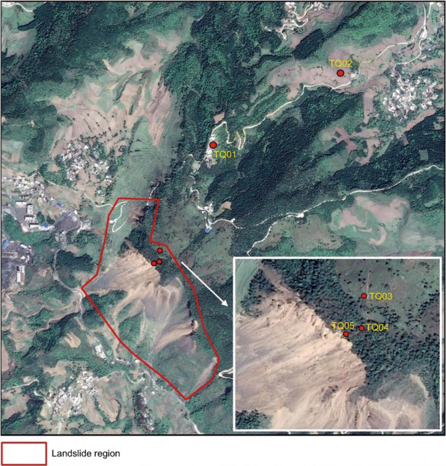 Credit: Satellite Navigation The layout of the GNSS monitoring stations in the Tengqing landslide.