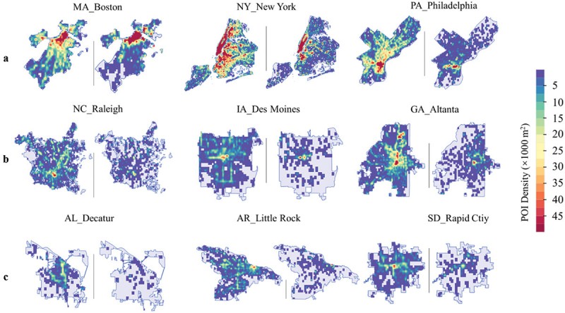 The spatial pattern of POIs density (i.e. the number of POIs in 500 m grids) collected from Google Maps (left) and OSM (right) in large (a), middle (b), and small (c) size cities.