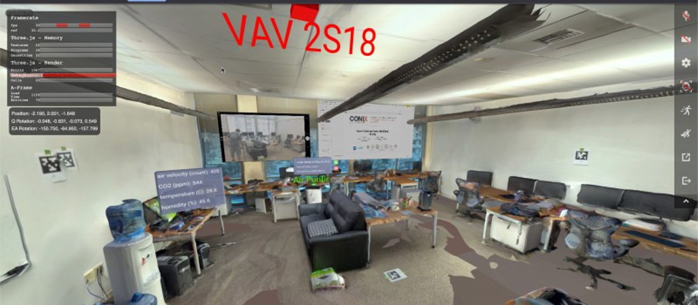 An example VR scene for an office with building hardware mapped as mixed reality objects that can be interacted with.