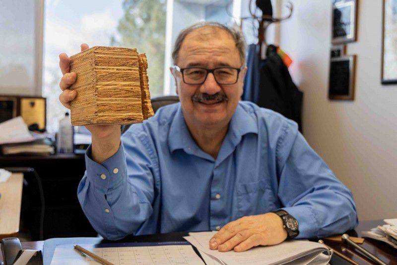 Credit: Mark Draper, University of Utah University of Utah engineering professor Chris Pantelides displays a piece of engineered wood used in mass timber construction.