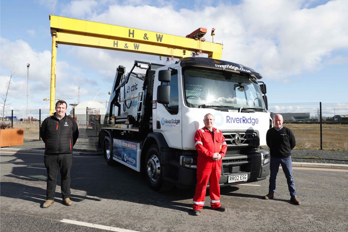 Waste and resource management company, RiverRidge has taken delivery of Northern Ireland’s first and only fully electric skip lift vehicle. Pictured (L-R) are Matthew Keys, Diamond Trucks; Scott Argue, Harland & Wolff and Stephen Thompson, RiverRidge.