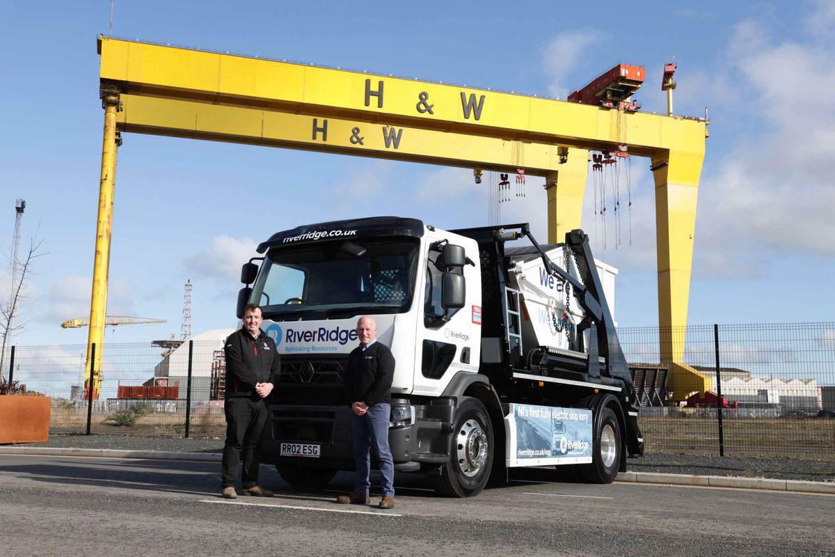 Pictured (left) is Matthew Keys from Diamond Trucks, which supplied the new fully electric skip lift vehicle to RiverRidge. Also pictured (right) is RiverRidge’s Group Transport Director, Stephen Thompson.