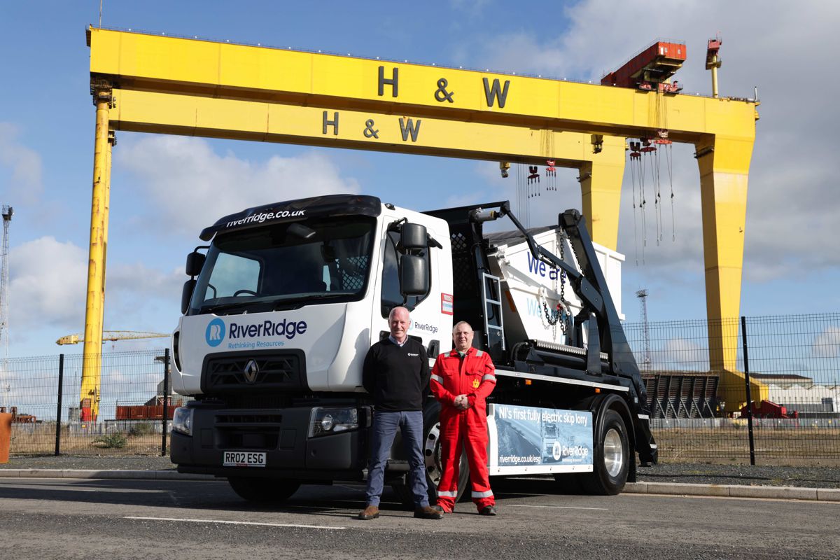 One of the main contracts that RiverRidge’s new fully electric skip lift vehicle will be used on is with international ship builder and defence contractor, Harland & Wolff. Picture with RiverRidge Group Transport Director, Stephen Thompson (left) is Scott Argue, Waste Management Coordinator at Harland & Wolff.