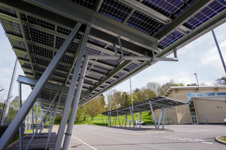 Solar Canopy Structure for Devon Leisure Centre supports 287 Photo-Voltaic Panels