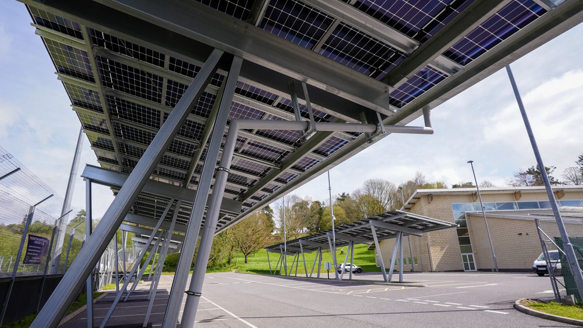 Solar Canopy Structure for Devon Leisure Centre supports 287 Photo-Voltaic Panels
