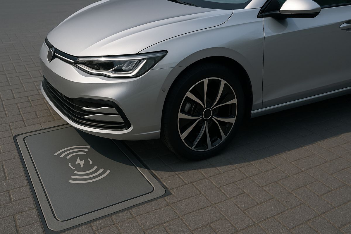 Generate a wide header image of an EV over an inductive wireless charging pad, no text or branding.