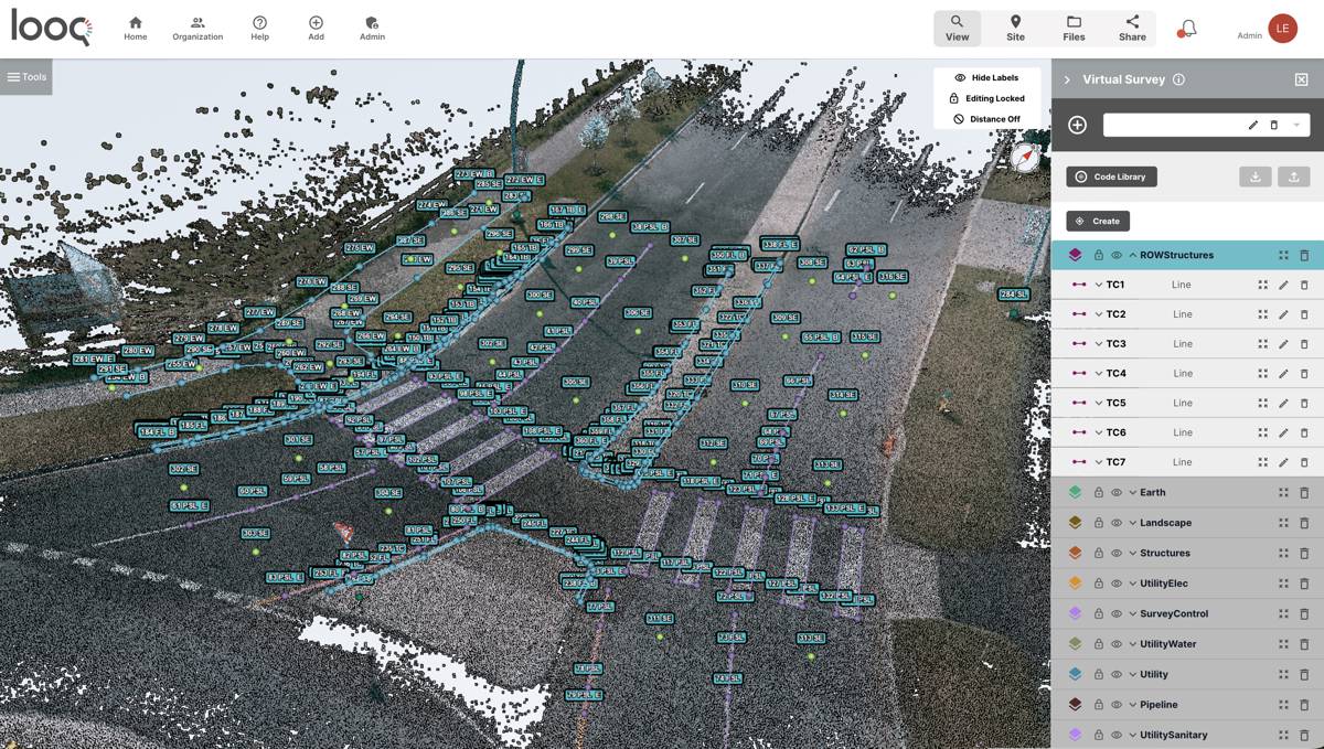 The Looq Platform's virtual surveying provides a unified, end-to-end workflow, enabling users to efficiently draft, code, and control 3D features while easily exporting clean linework. Image courtesy of Looq AI.