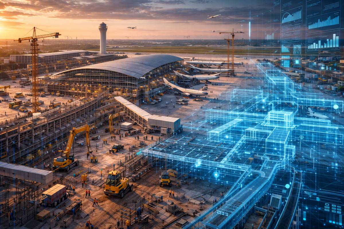 Airport construction with futuristic blueprint overlay