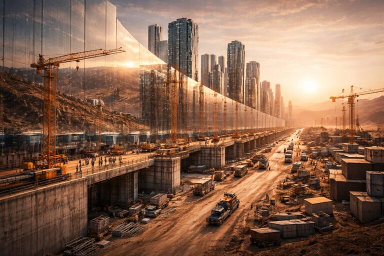 Construction of The Line at sunset