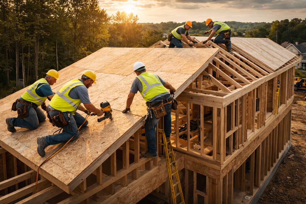 Construction workers installing plywood at sunset