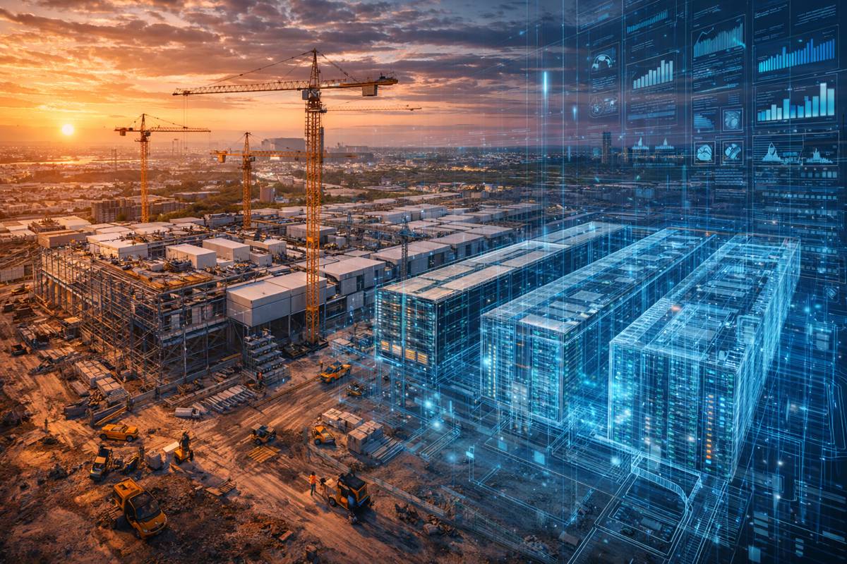 Data center construction at sunset