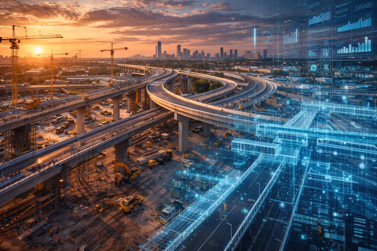 Digital construction at sunset with holograms