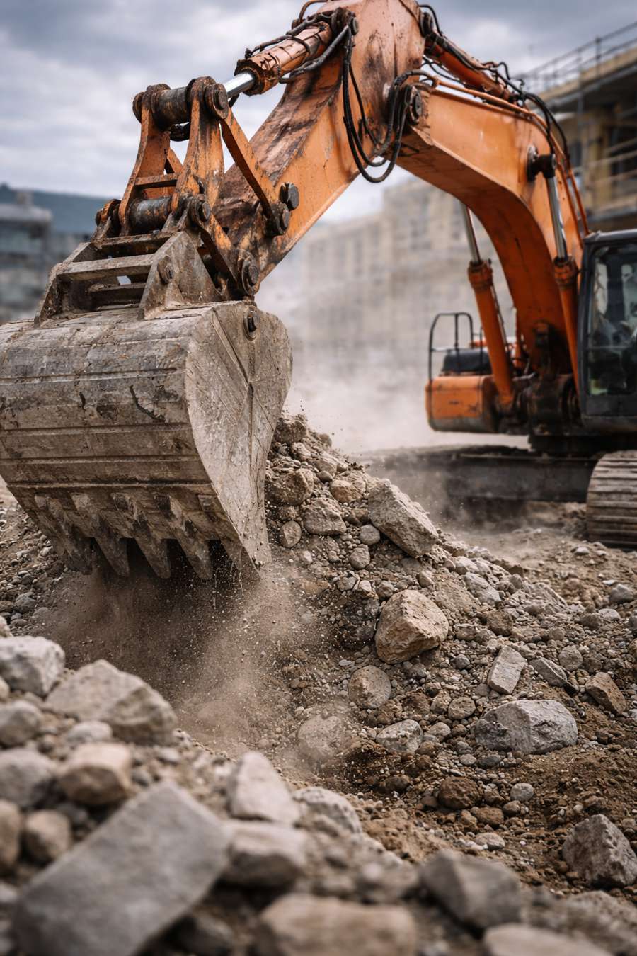 Excavator in action on rubble site