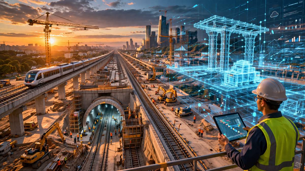 Futuristic construction site at sunset