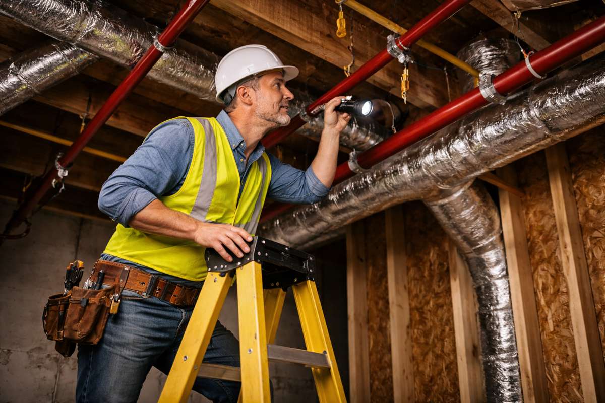 Inspecting fire sprinkler systems in ceiling