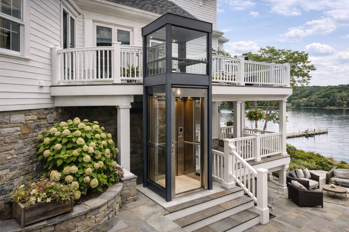Modern lift at tranquil lakeside home