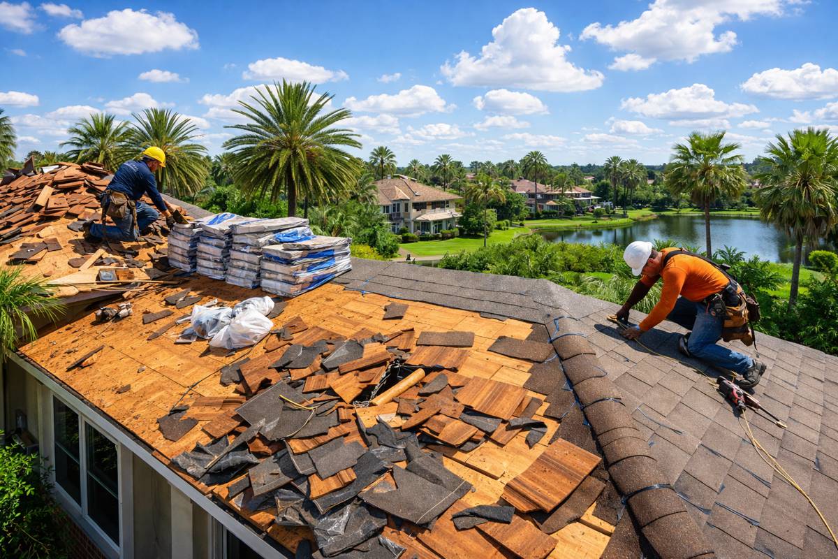 Roof replacement on a sunny day