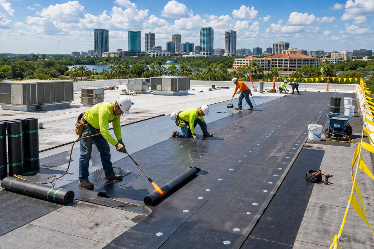 Rooftop construction with city view